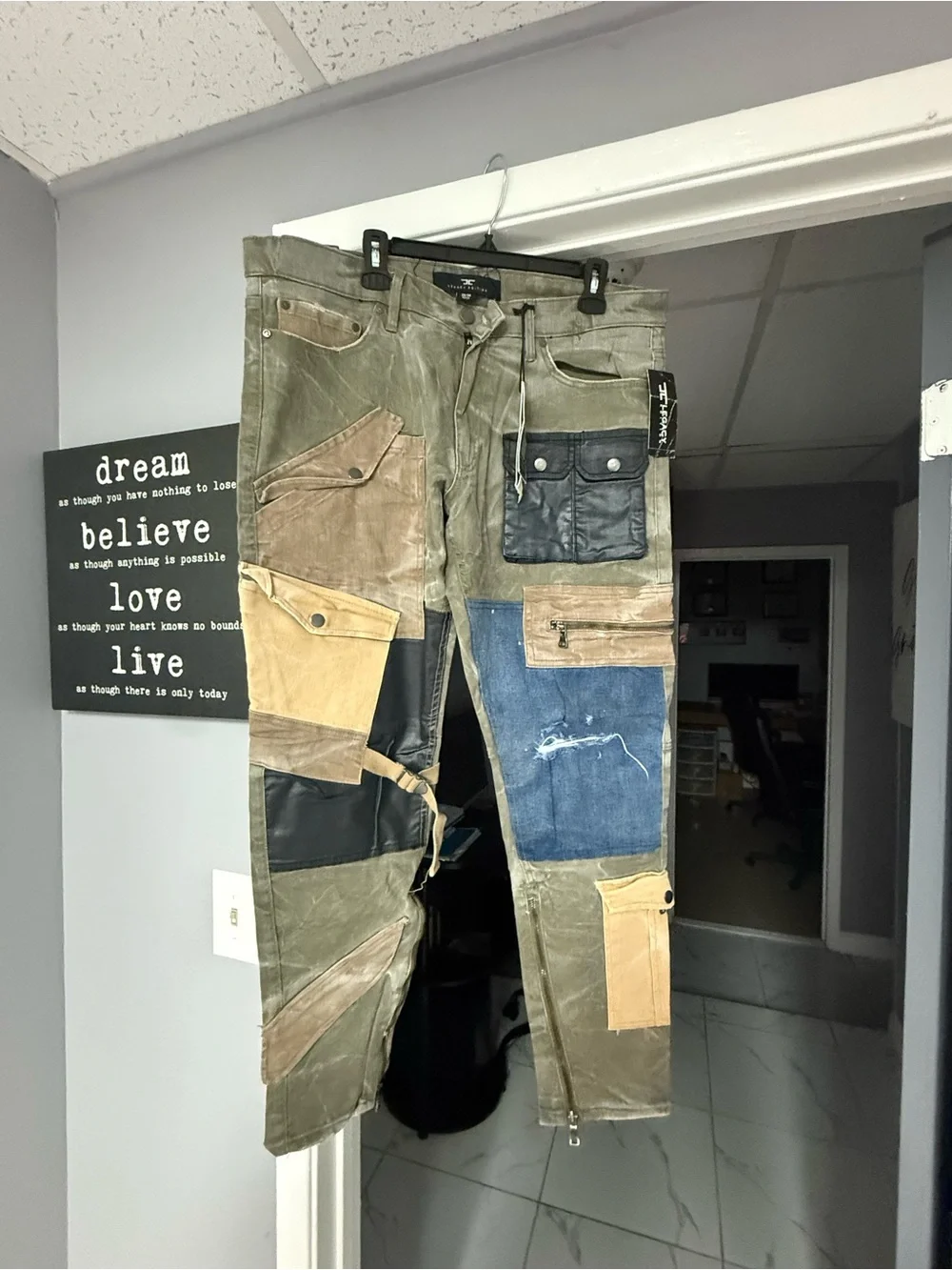 Jordan Craig Patchwork jeans in Olive Green with Multi-Panel Details